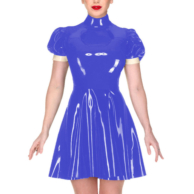 Elegant Turtleneck Mini Dress for Women Puff Short Sleeve PVC Shiny Leather A-line Pleated Dress Ladies Casual Streetwear Dress