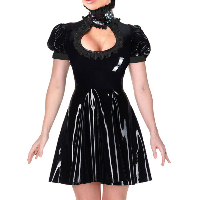 Gothic Wetlook Mini A-line Dress for Womens Turtleneck Hollow Out Sexy High Waist PVC Dresses Ladies Short-sleeve Party Vestido