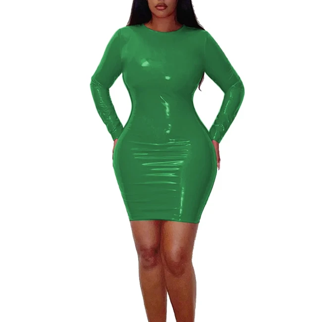 Women Round Collar Long Sleeve Mini Dress Glossy PVC Leather Sexy Bodycon Simple Solid Basic Hip Wrap Dress High Street Clothes