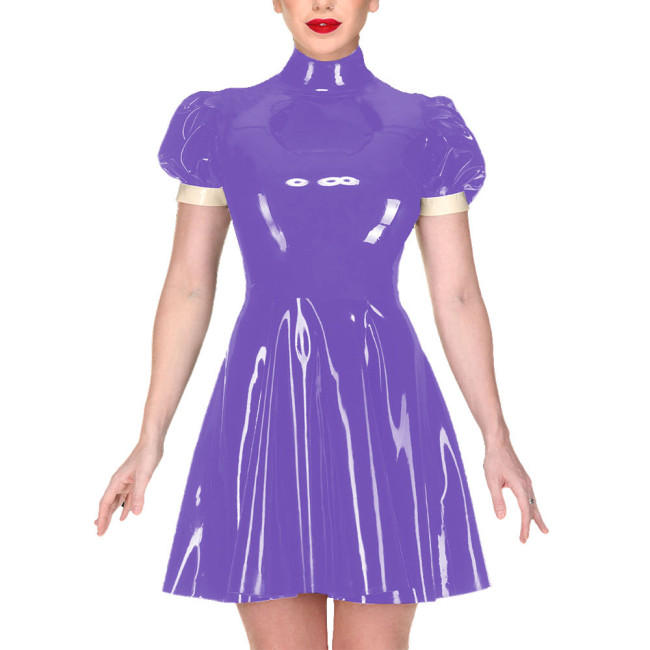 Elegant Turtleneck Mini Dress for Women Puff Short Sleeve PVC Shiny Leather A-line Pleated Dress Ladies Casual Streetwear Dress