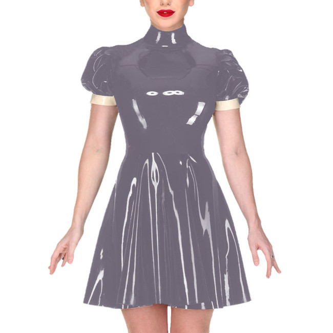 Elegant Turtleneck Mini Dress for Women Puff Short Sleeve PVC Shiny Leather A-line Pleated Dress Ladies Casual Streetwear Dress