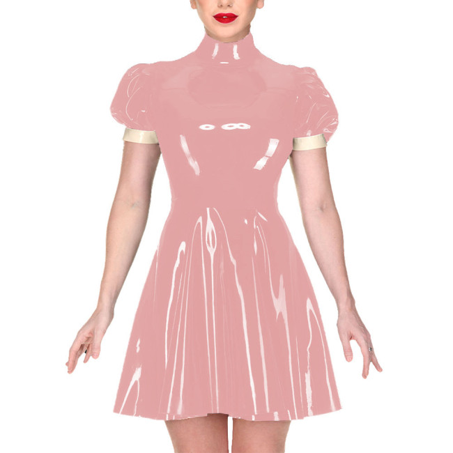 Elegant Turtleneck Mini Dress for Women Puff Short Sleeve PVC Shiny Leather A-line Pleated Dress Ladies Casual Streetwear Dress