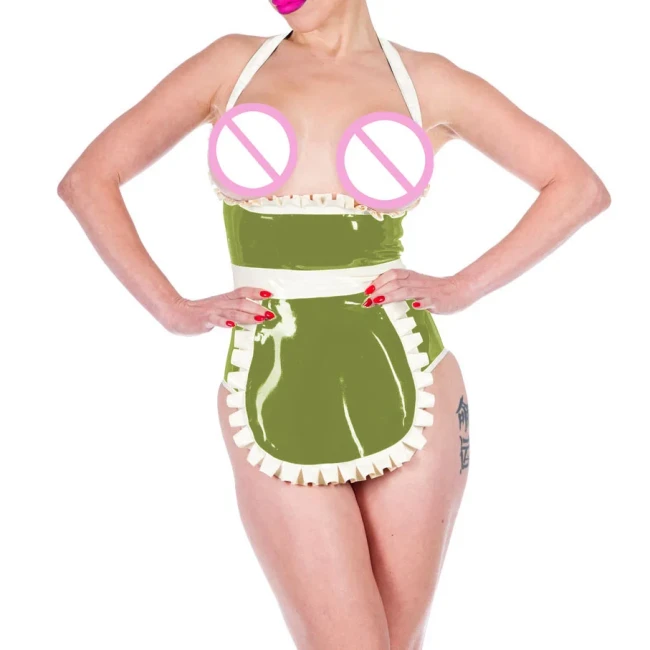 Shiny PVC Leather Sexy Halter Expose Chest Haigh Waisted Bodysuits with Apron Exotic Maid Cosplay Uniforms Cosplay Club Suits