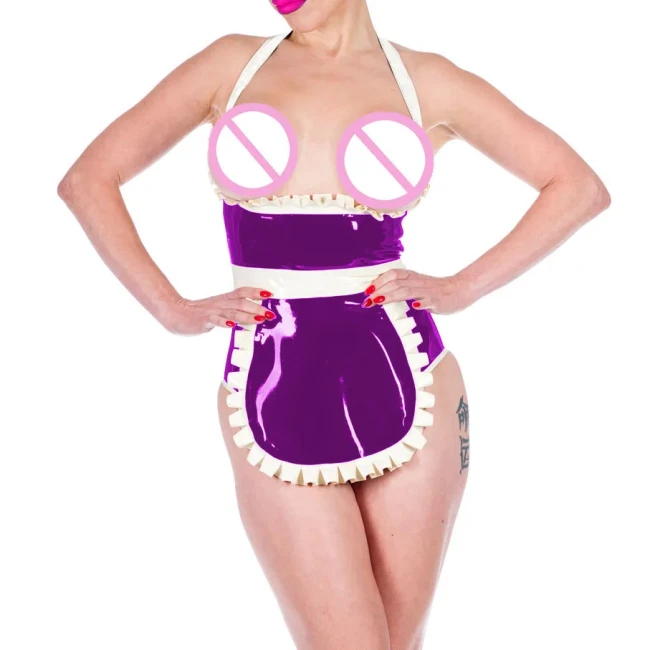 Shiny PVC Leather Sexy Halter Expose Chest Haigh Waisted Bodysuits with Apron Exotic Maid Cosplay Uniforms Cosplay Club Suits