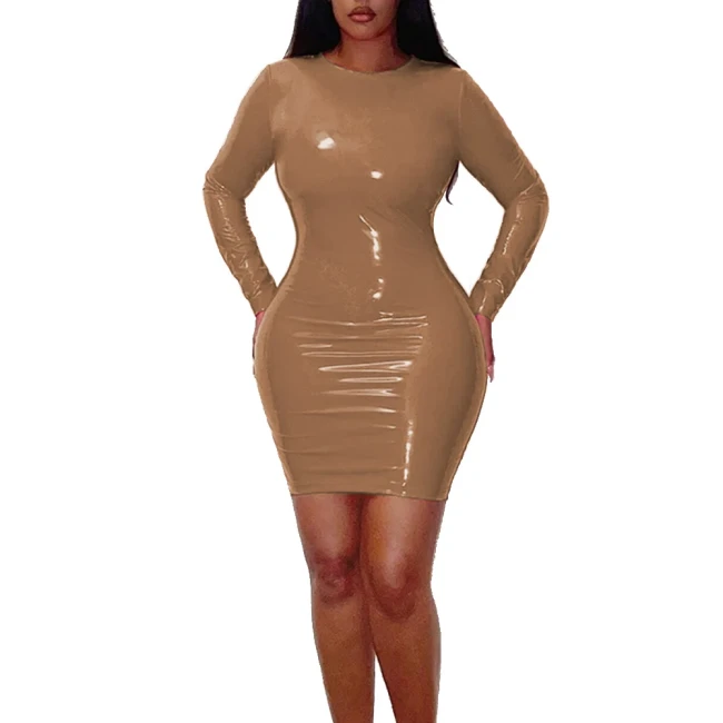 Women Round Collar Long Sleeve Mini Dress Glossy PVC Leather Sexy Bodycon Simple Solid Basic Hip Wrap Dress High Street Clothes