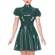 Elegant Turtleneck Mini Dress for Women Puff Short Sleeve PVC Shiny Leather A-line Pleated Dress Ladies Casual Streetwear Dress