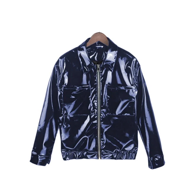 Mens Glossy Patent Leather Long Sleeve Coat Fashion Streetwear Male PVC Shiny Turn Down Collar Motorcycle Jacket Fetish Clubwear