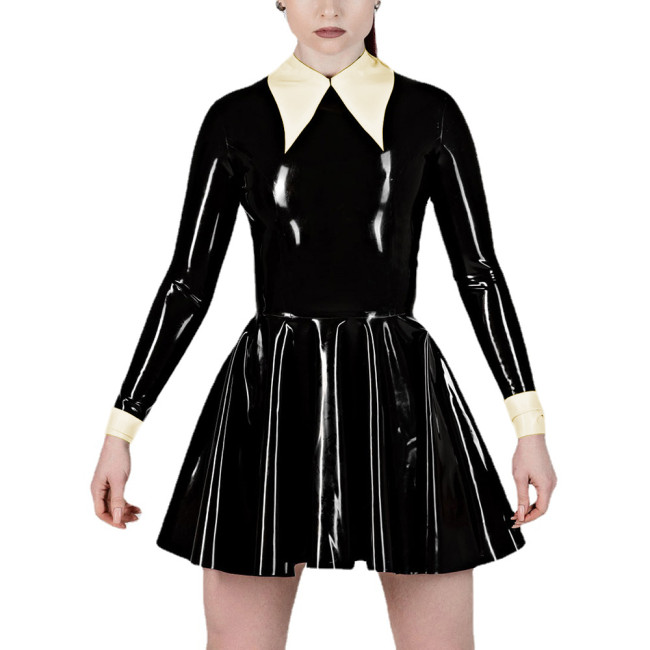 Fashion Women's Lapel Collar Fake Two Pieces A-Line Pleated Dress Wet PVC Leather Long Sleeve Party Prom Dress Office Lady Dress