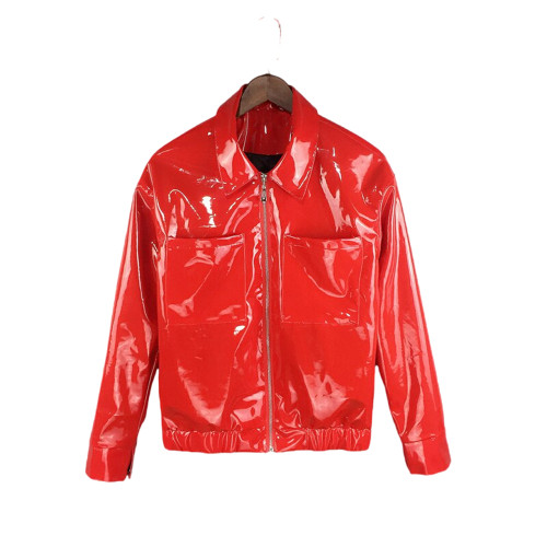 Mens Glossy Patent Leather Long Sleeve Coat Fashion Streetwear Male PVC Shiny Turn Down Collar Motorcycle Jacket Fetish Clubwear