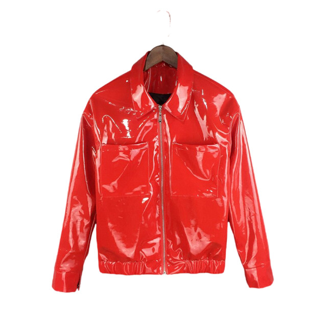 Mens Glossy Patent Leather Long Sleeve Coat Fashion Streetwear Male PVC Shiny Turn Down Collar Motorcycle Jacket Fetish Clubwear