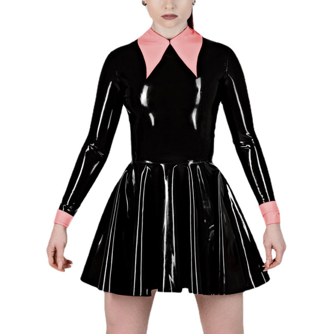 Fashion Women's Lapel Collar Fake Two Pieces A-Line Pleated Dress Wet PVC Leather Long Sleeve Party Prom Dress Office Lady Dress