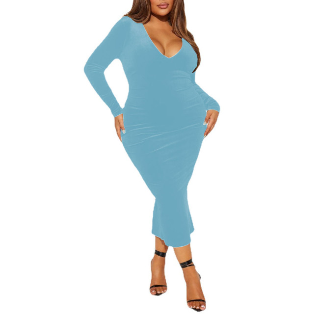 Sexy Bodycon Solid V-Neck Velvet Long Dresses Elegant Slim Gown Dress Womens Long Sleeve Sheath Dress Female Plus Size Dresses