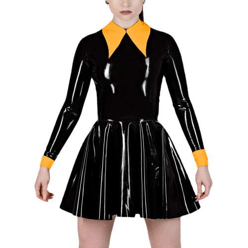 Fashion Women's Lapel Collar Fake Two Pieces A-Line Pleated Dress Wet PVC Leather Long Sleeve Party Prom Dress Office Lady Dress