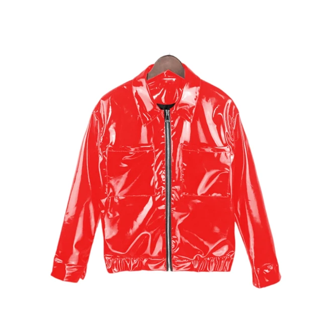 Mens Glossy Patent Leather Long Sleeve Coat Fashion Streetwear Male PVC Shiny Turn Down Collar Motorcycle Jacket Fetish Clubwear