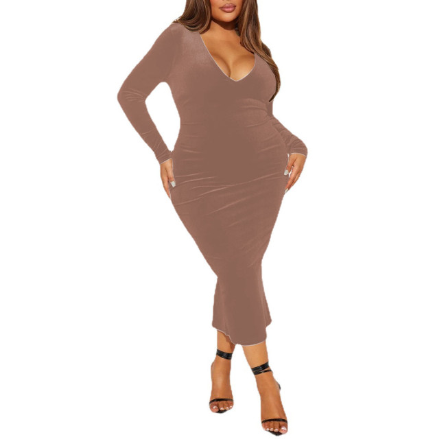 Sexy Bodycon Solid V-Neck Velvet Long Dresses Elegant Slim Gown Dress Womens Long Sleeve Sheath Dress Female Plus Size Dresses