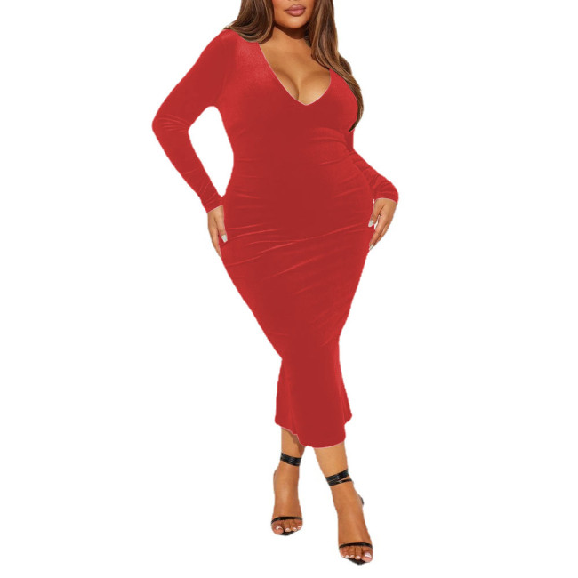 Sexy Bodycon Solid V-Neck Velvet Long Dresses Elegant Slim Gown Dress Womens Long Sleeve Sheath Dress Female Plus Size Dresses