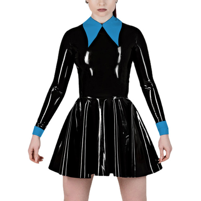 Fashion Women's Lapel Collar Fake Two Pieces A-Line Pleated Dress Wet PVC Leather Long Sleeve Party Prom Dress Office Lady Dress