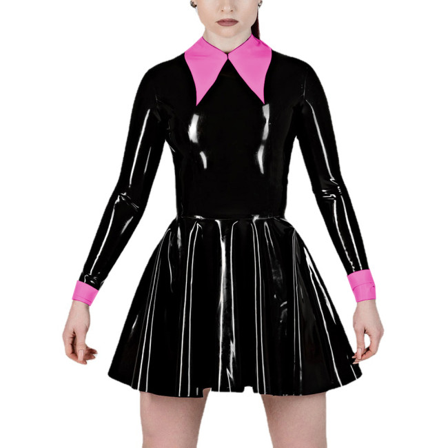 Fashion Women's Lapel Collar Fake Two Pieces A-Line Pleated Dress Wet PVC Leather Long Sleeve Party Prom Dress Office Lady Dress