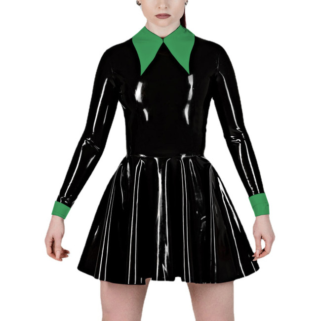 Fashion Women's Lapel Collar Fake Two Pieces A-Line Pleated Dress Wet PVC Leather Long Sleeve Party Prom Dress Office Lady Dress