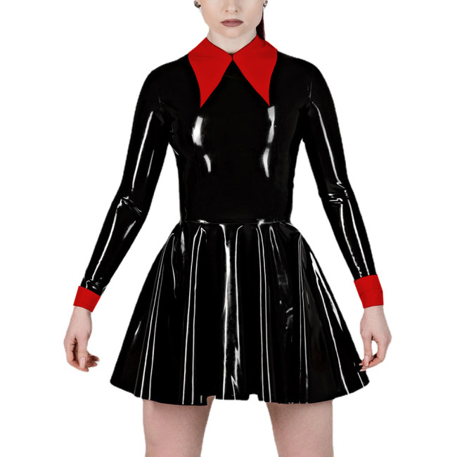 Fashion Women's Lapel Collar Fake Two Pieces A-Line Pleated Dress Wet PVC Leather Long Sleeve Party Prom Dress Office Lady Dress
