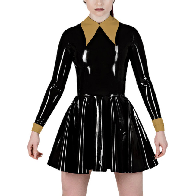 Fashion Women's Lapel Collar Fake Two Pieces A-Line Pleated Dress Wet PVC Leather Long Sleeve Party Prom Dress Office Lady Dress