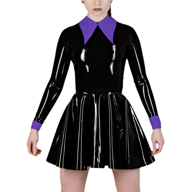 Fashion Women's Lapel Collar Fake Two Pieces A-Line Pleated Dress Wet PVC Leather Long Sleeve Party Prom Dress Office Lady Dress