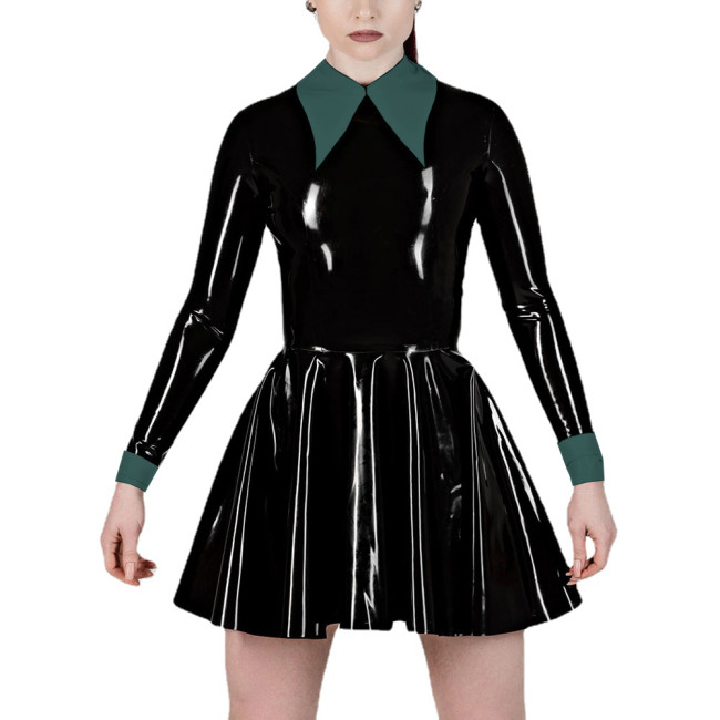 Fashion Women's Lapel Collar Fake Two Pieces A-Line Pleated Dress Wet PVC Leather Long Sleeve Party Prom Dress Office Lady Dress