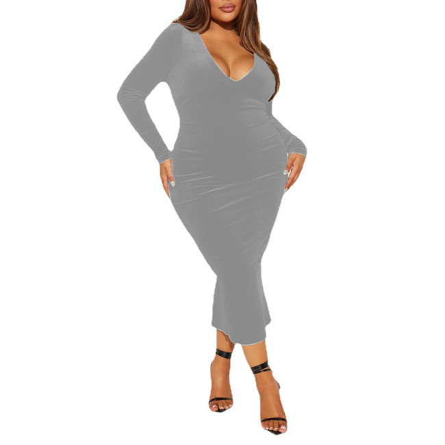 Sexy Bodycon Solid V-Neck Velvet Long Dresses Elegant Slim Gown Dress Womens Long Sleeve Sheath Dress Female Plus Size Dresses