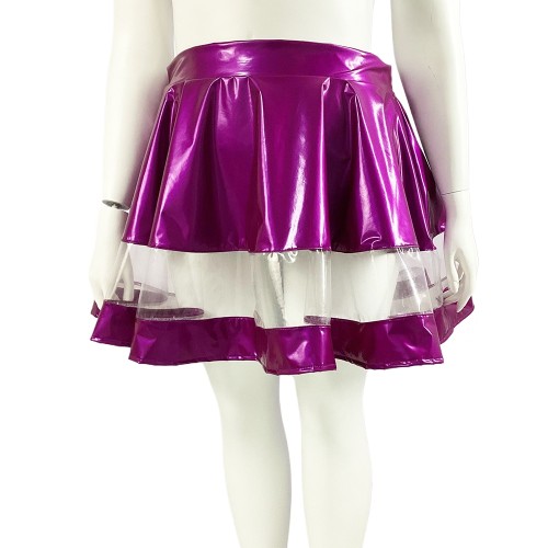Sexy Pole Dancing Mini Pleated Skirts Women High Waist Shiny PVC Patchwork A-Line Skirt Wetlook Ruffles Plus Size Skater Skirts