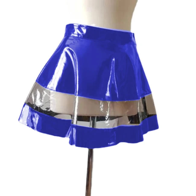 Sexy Pole Dancing Mini Pleated Skirts Women High Waist Shiny PVC Patchwork A-Line Skirt Wetlook Ruffles Plus Size Skater Skirts