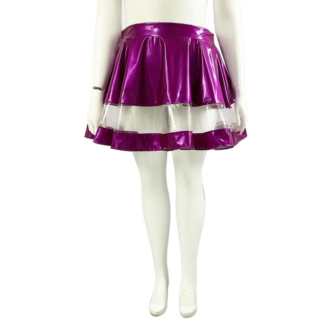 Sexy Pole Dancing Mini Pleated Skirts Women High Waist Shiny PVC Patchwork A-Line Skirt Wetlook Ruffles Plus Size Skater Skirts