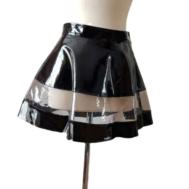 Sexy Pole Dancing Mini Pleated Skirts Women High Waist Shiny PVC Patchwork A-Line Skirt Wetlook Ruffles Plus Size Skater Skirts