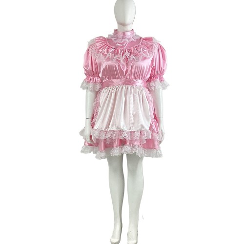 French Sissy Satin Lace Patchwork Maid Dress with Apron Sweet Short Sleeved High Neck A-line Fluffy Dress Party Cosplay Uniforms