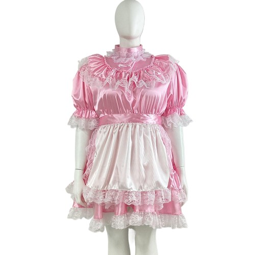 French Sissy Satin Lace Patchwork Maid Dress with Apron Sweet Short Sleeved High Neck A-line Fluffy Dress Party Cosplay Uniforms