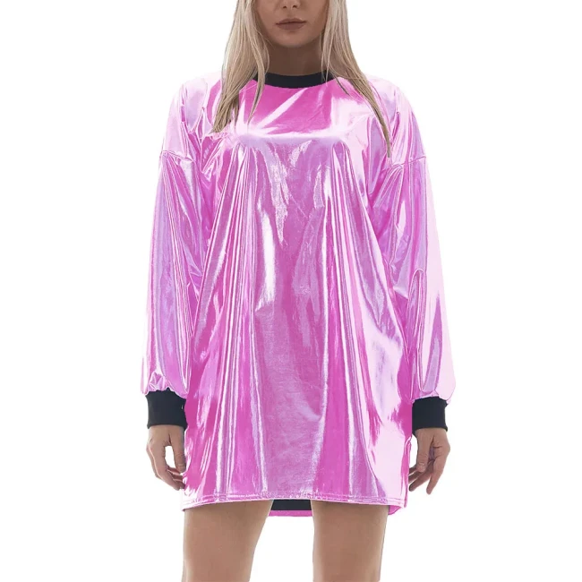 Women Rave Party Loose Holographic Laser Mini Dress Shiny Metallic Long Sleeve Short T-shirt Dress Nightclub Straight Vestidos