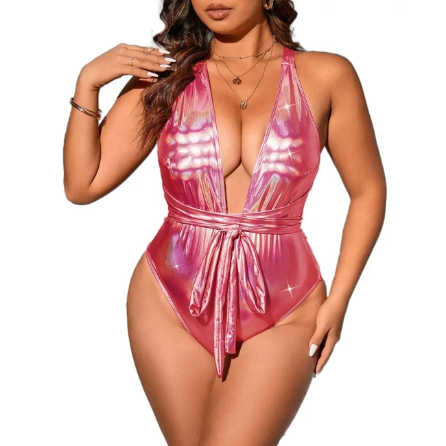 Shiny Metallic Hologram Laser Sexy Deep V Neck Sleeveless Back Cross Strap Bodysuits Female Skinny Exotic Night Club  Jumpsuits