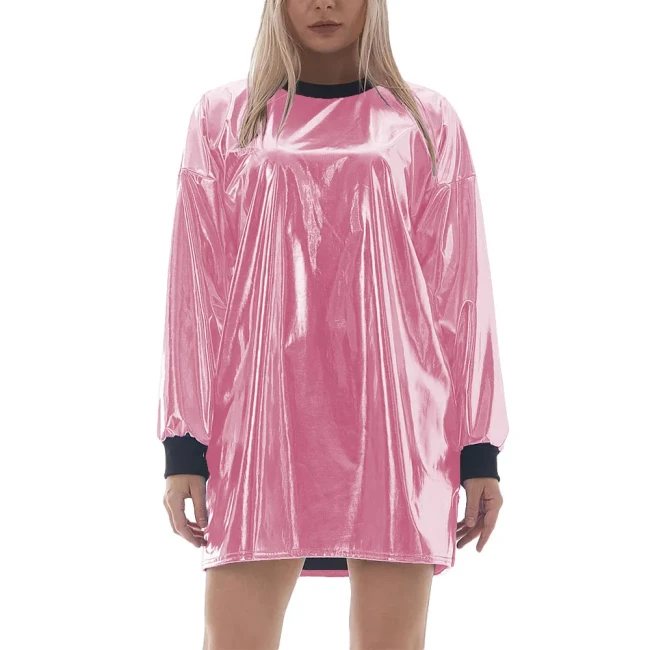 Women Rave Party Loose Holographic Laser Mini Dress Shiny Metallic Long Sleeve Short T-shirt Dress Nightclub Straight Vestidos