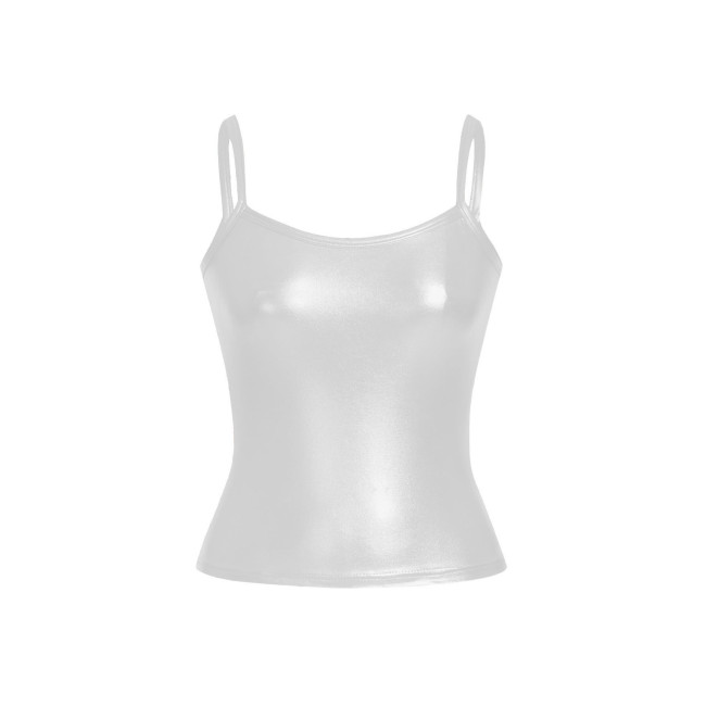 Plus Size Solid Color Tank Tops Metallic Shiny Spaghetti Strap Tops Summer High Street Camisole Sleeveless Basic Vest Women Tops