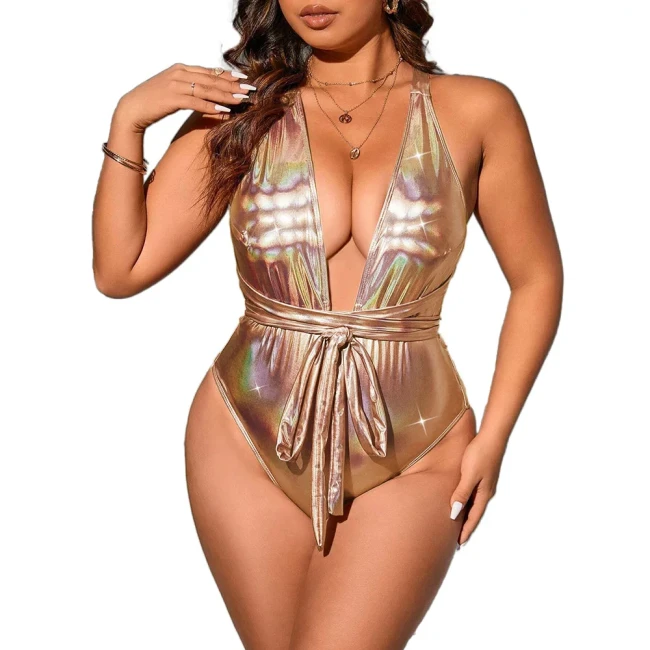 Shiny Metallic Hologram Laser Sexy Deep V Neck Sleeveless Back Cross Strap Bodysuits Female Skinny Exotic Night Club  Jumpsuits