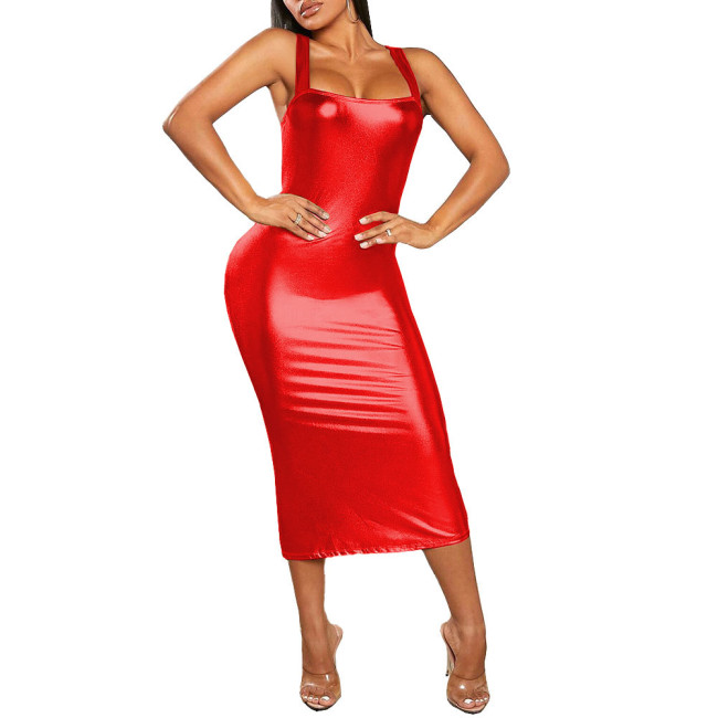 Plus Size Sexy Slim Midi Dress Womens Solid Color Suspender Sheath Metallic Shiny Dress Female Club High Street Sleeveless Dress