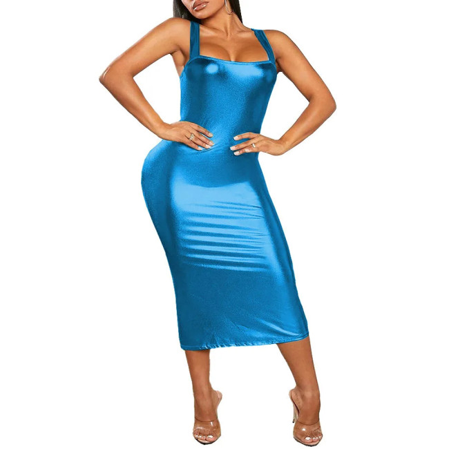 Plus Size Sexy Slim Midi Dress Womens Solid Color Suspender Sheath Metallic Shiny Dress Female Club High Street Sleeveless Dress