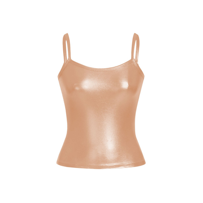 Plus Size Solid Color Tank Tops Metallic Shiny Spaghetti Strap Tops Summer High Street Camisole Sleeveless Basic Vest Women Tops