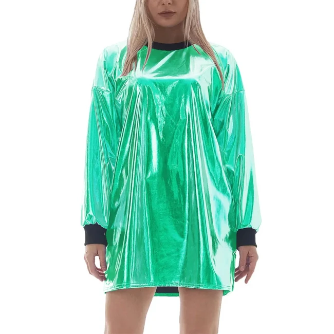 Women Rave Party Loose Holographic Laser Mini Dress Shiny Metallic Long Sleeve Short T-shirt Dress Nightclub Straight Vestidos