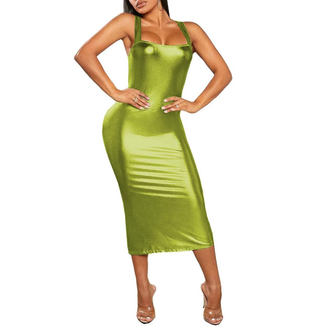 Plus Size Sexy Slim Midi Dress Womens Solid Color Suspender Sheath Metallic Shiny Dress Female Club High Street Sleeveless Dress