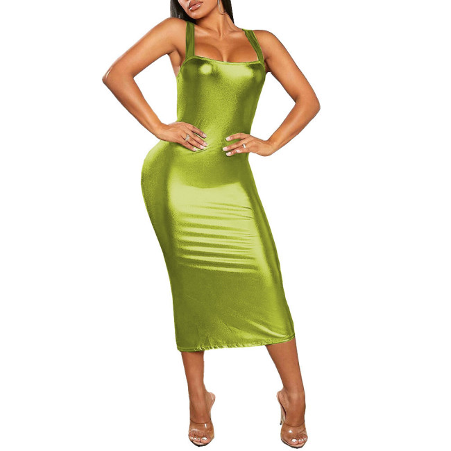 Plus Size Sexy Slim Midi Dress Womens Solid Color Suspender Sheath Metallic Shiny Dress Female Club High Street Sleeveless Dress