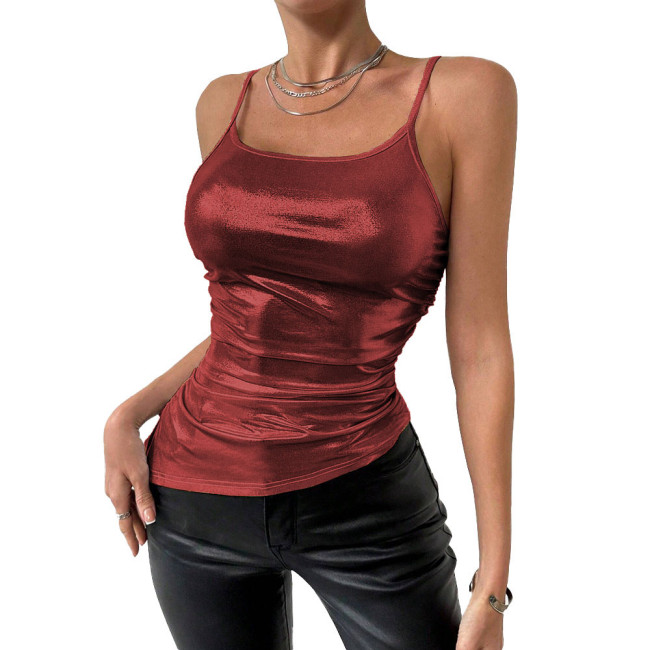 Fashion Sexy Off Shoulder Spaghetti Strap Tops Womens Metallic Shiny Sleeveless Solid Color Camis Female Nightclub Party Wear