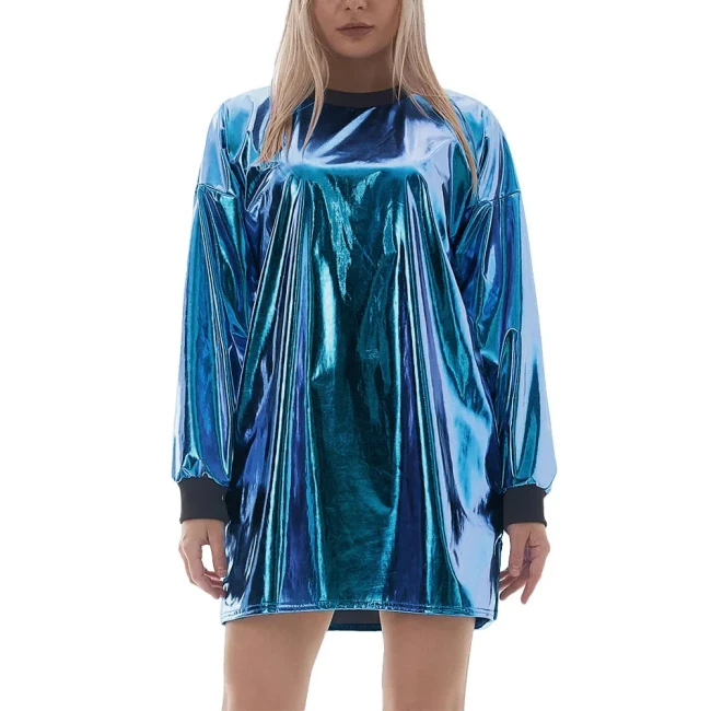 Women Rave Party Loose Holographic Laser Mini Dress Shiny Metallic Long Sleeve Short T-shirt Dress Nightclub Straight Vestidos