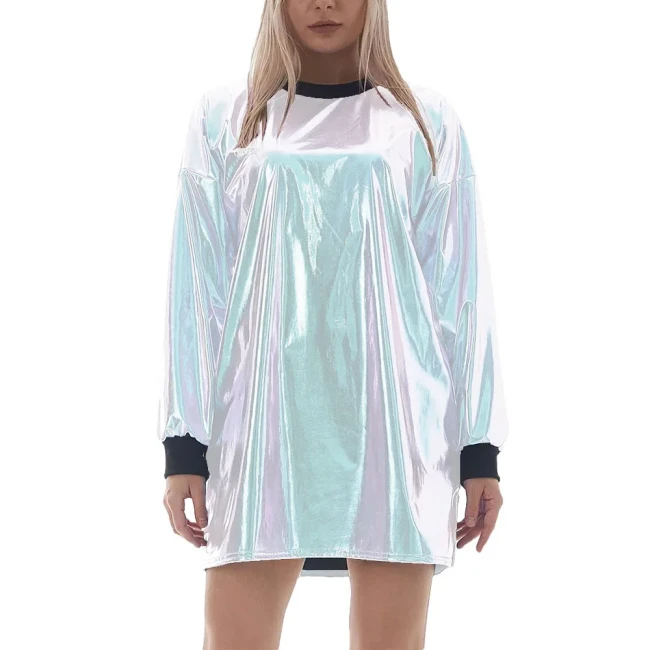 Women Rave Party Loose Holographic Laser Mini Dress Shiny Metallic Long Sleeve Short T-shirt Dress Nightclub Straight Vestidos