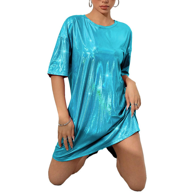 Women Fashion Loose Holographic Laser Mini Dress O-neck Drop Shoulder Metallic Shiny Oversized T Shirt Dress Female Club Dresses