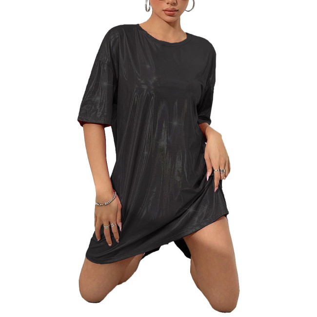 Women Fashion Loose Holographic Laser Mini Dress O-neck Drop Shoulder Metallic Shiny Oversized T Shirt Dress Female Club Dresses